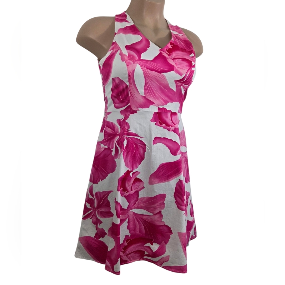Sheri Martin Pink White Floral Keyhole Fit And Flare Petite Midi Dress Pre-Owned - Picture 2 of 9